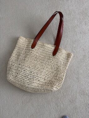 Banana Republic Woven Straw Tote Bag with Brown Leather Handles
